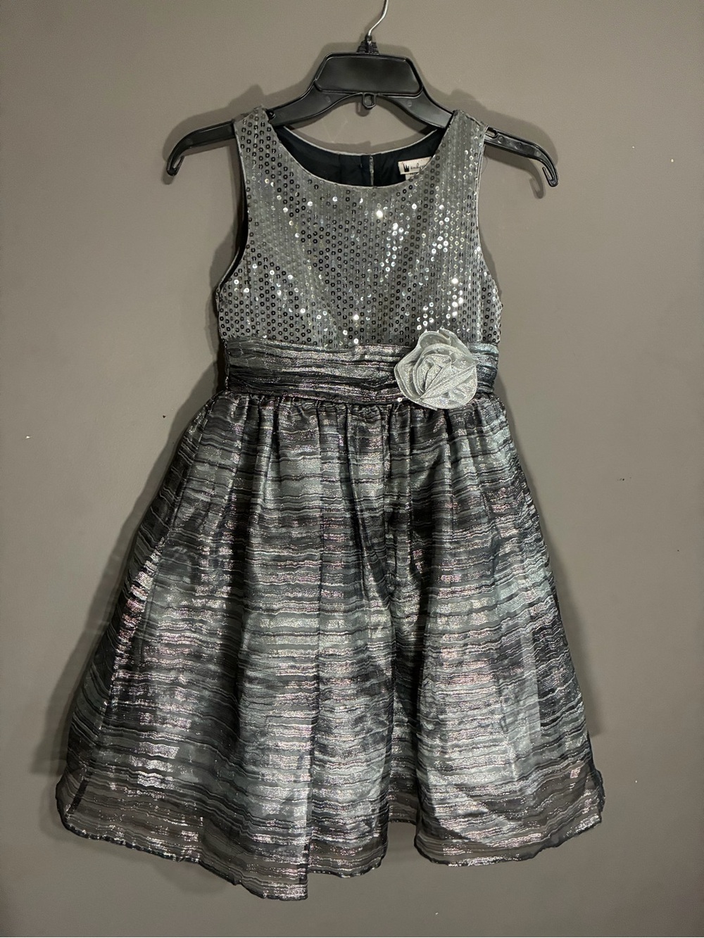 Girls Silver Sequin & Satin Party Dress